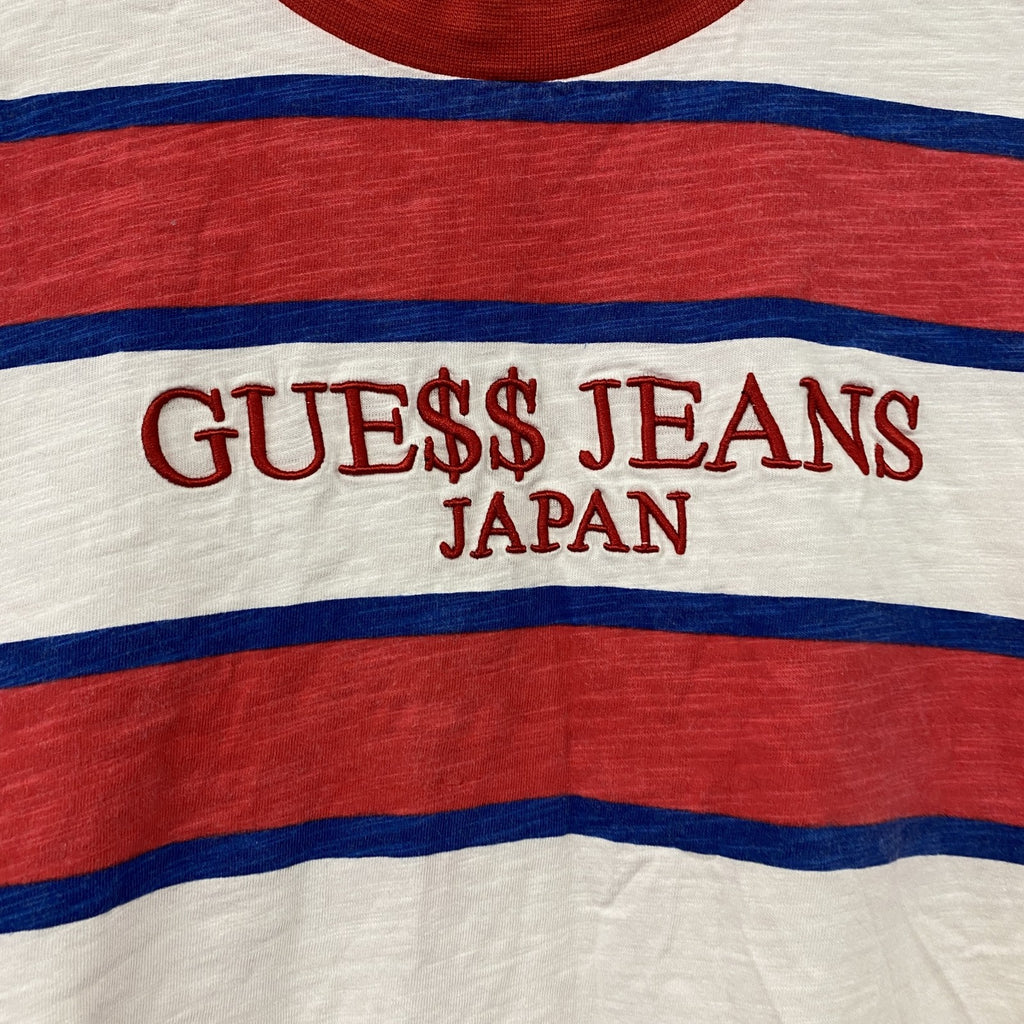 GUESS　ゲス　半袖プリントリンガーTシャツ　刺繍ロゴ　ボーダー柄　赤　レッド　白　ホワイト　Sサイズ