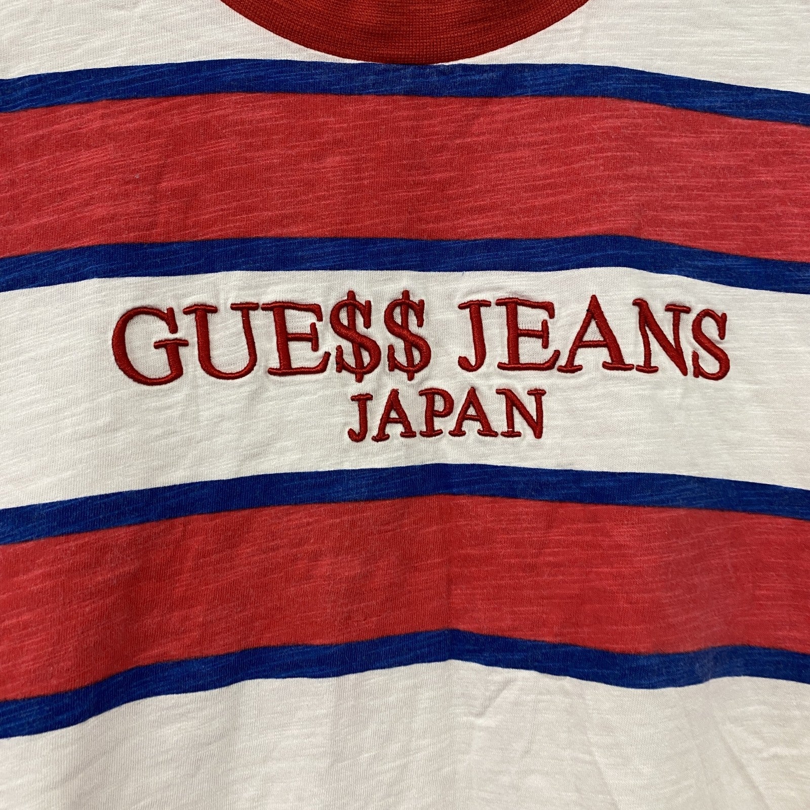 GUESS　ゲス　半袖プリントリンガーTシャツ　刺繍ロゴ　ボーダー柄　赤　レッド　白　ホワイト　Sサイズ