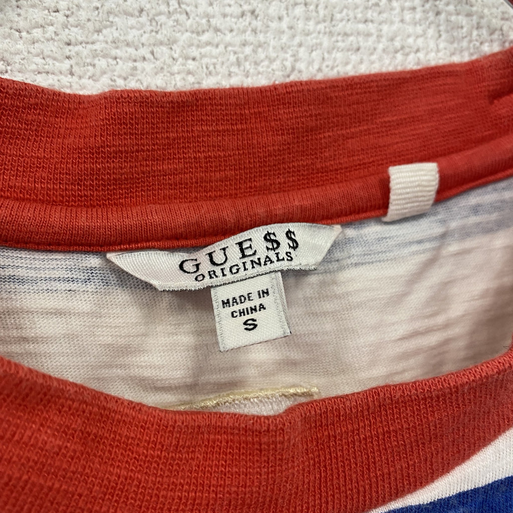 GUESS　ゲス　半袖プリントリンガーTシャツ　刺繍ロゴ　ボーダー柄　赤　レッド　白　ホワイト　Sサイズ