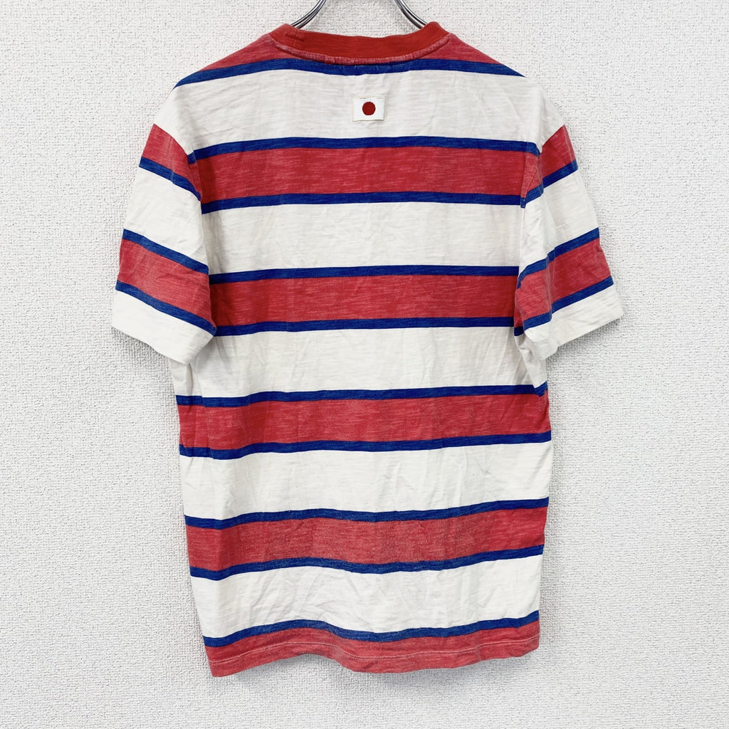 GUESS　ゲス　半袖プリントリンガーTシャツ　刺繍ロゴ　ボーダー柄　赤　レッド　白　ホワイト　Sサイズ