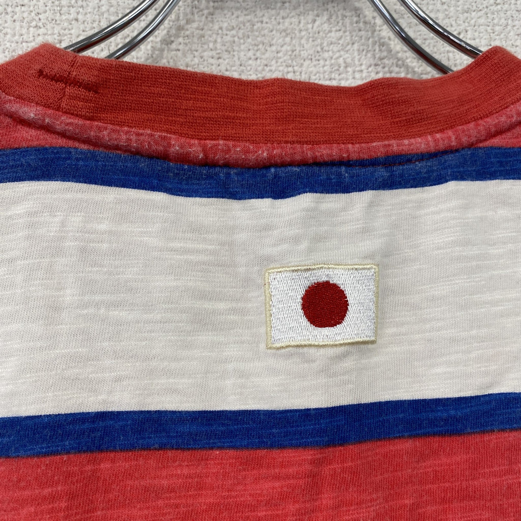 GUESS　ゲス　半袖プリントリンガーTシャツ　刺繍ロゴ　ボーダー柄　赤　レッド　白　ホワイト　Sサイズ