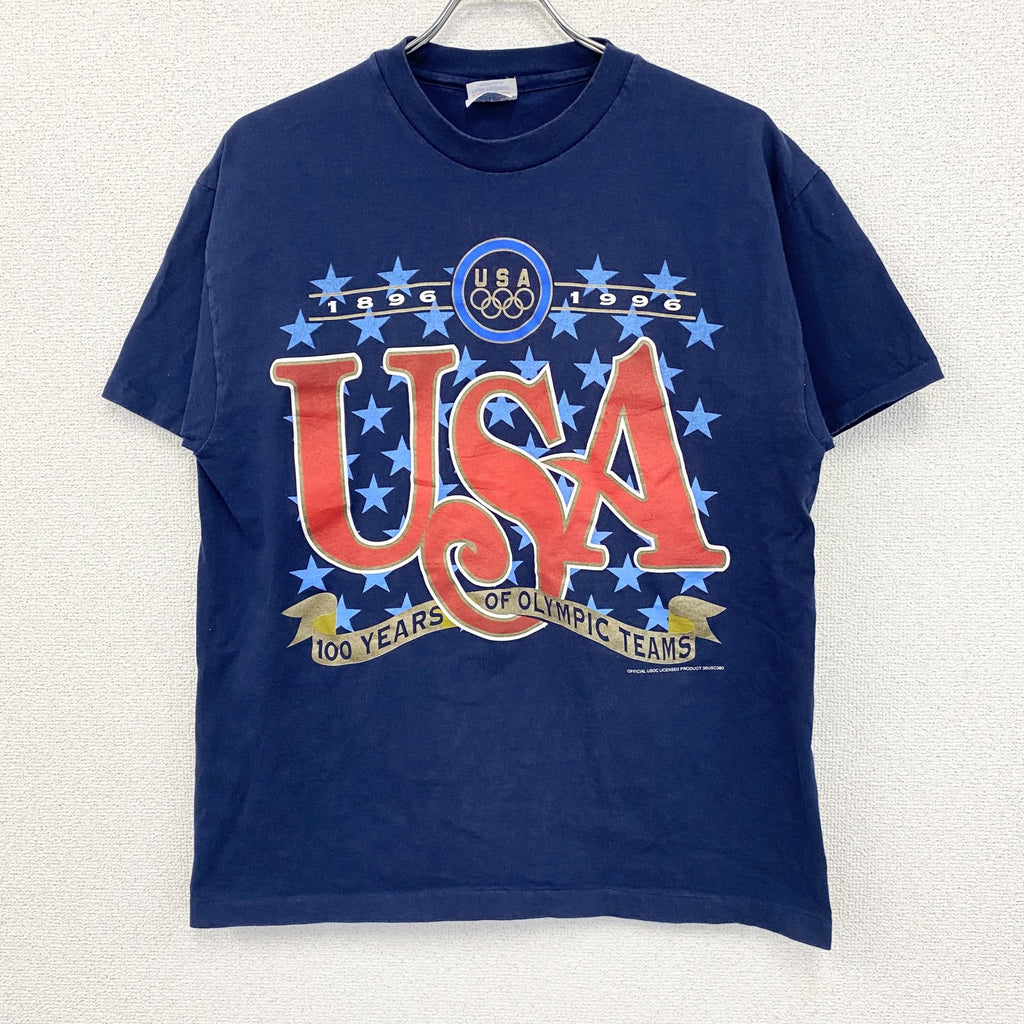 90s　Hanes　ヘインズ　半袖プリントTシャツ　ヴィンテージ　シングルステッチ　紺　ネイビー　Lサイズ