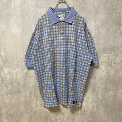 古着 used　ARIZONA　半袖総柄ポロシャツ　チェック柄　水色　青　レトロデザイン　個性的　春夏服　Lサイズ