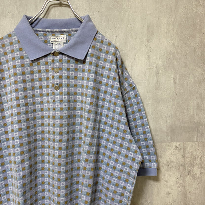古着 used　ARIZONA　半袖総柄ポロシャツ　チェック柄　水色　青　レトロデザイン　個性的　春夏服　Lサイズ