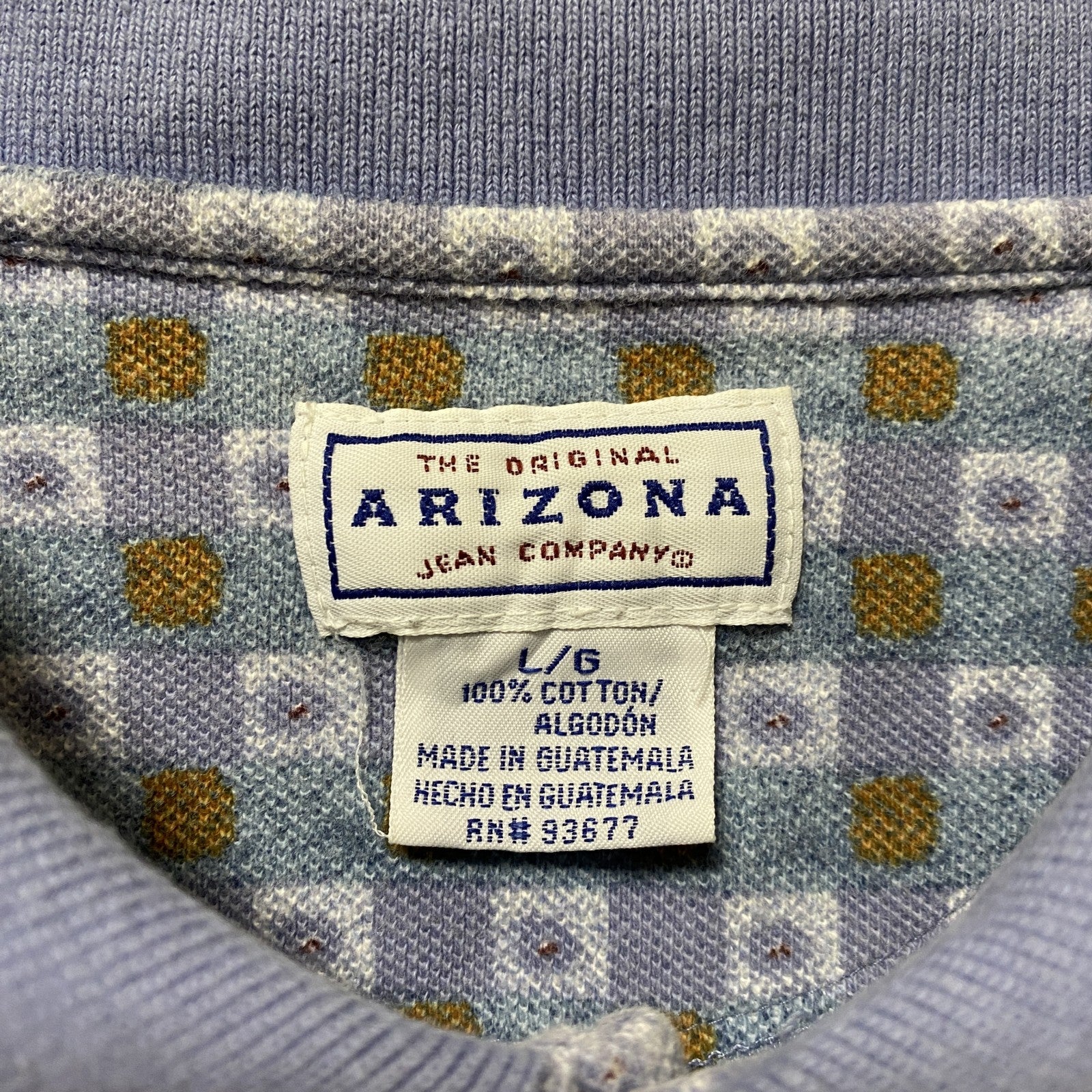 古着 used　ARIZONA　半袖総柄ポロシャツ　チェック柄　水色　青　レトロデザイン　個性的　春夏服　Lサイズ