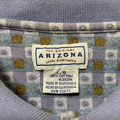 古着 used　ARIZONA　半袖総柄ポロシャツ　チェック柄　水色　青　レトロデザイン　個性的　春夏服　Lサイズ