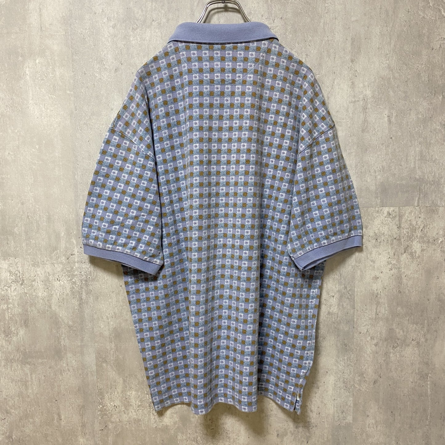 古着 used　ARIZONA　半袖総柄ポロシャツ　チェック柄　水色　青　レトロデザイン　個性的　春夏服　Lサイズ