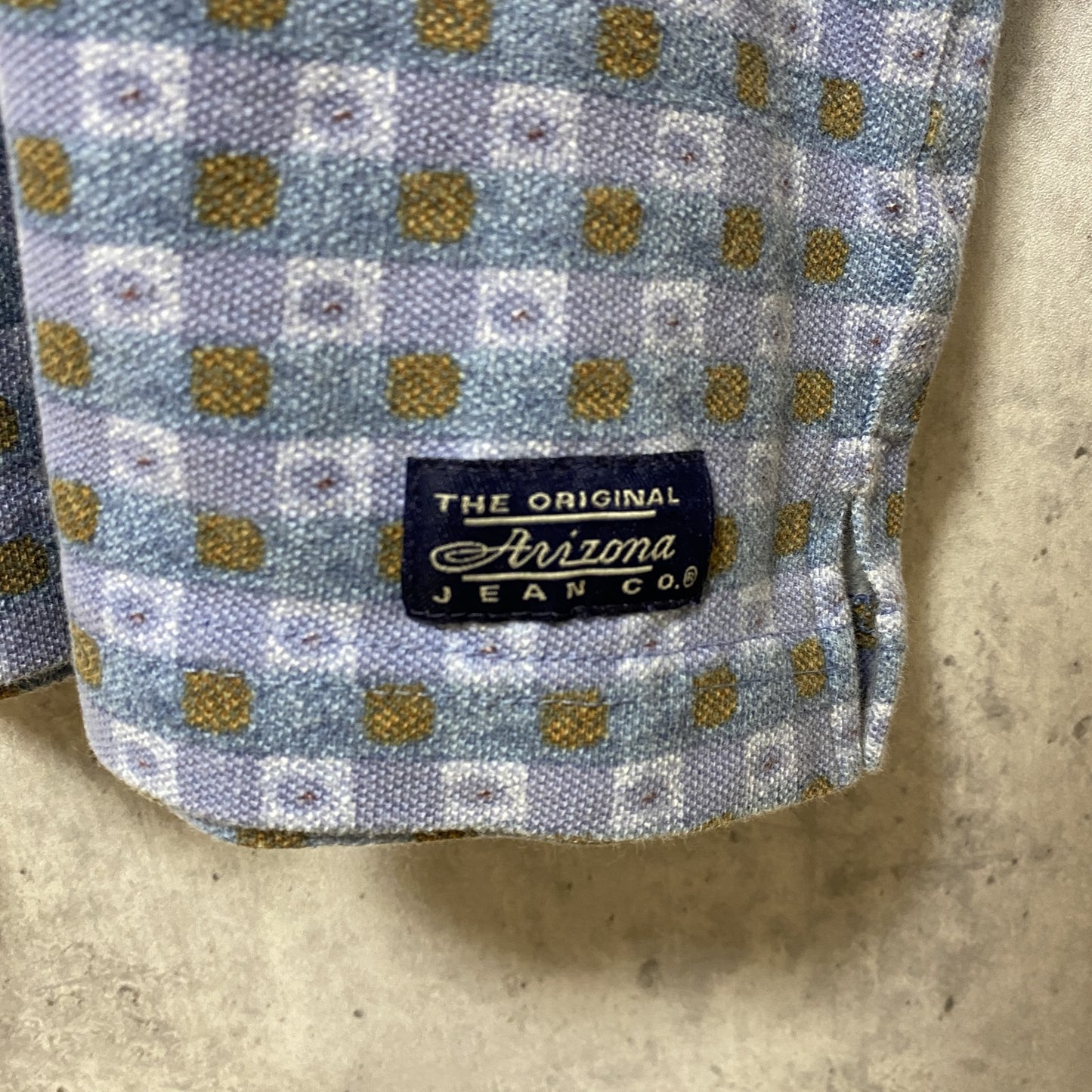 古着 used　ARIZONA　半袖総柄ポロシャツ　チェック柄　水色　青　レトロデザイン　個性的　春夏服　Lサイズ