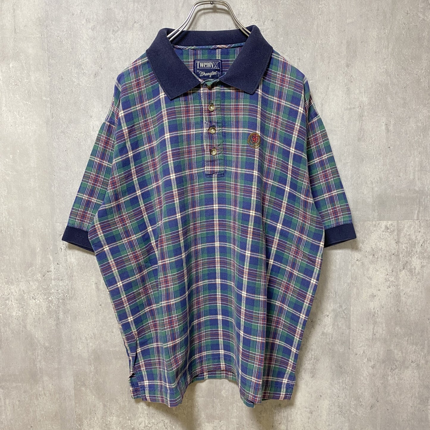 古着 used　90s　TWENTY X by Wrangler　ラングラー　半袖総柄ポロシャツ　ワンポイント刺繍　チェック柄　