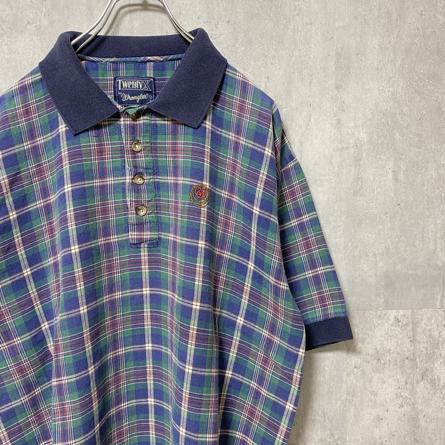 古着 used　90s　TWENTY X by Wrangler　ラングラー　半袖総柄ポロシャツ　ワンポイント刺繍　チェック柄　