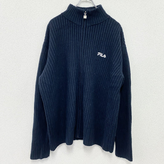 FILA　フィラ　フルジップコットンニットセーター　刺繍ロゴ　紺　ネイビー　XLサイズ