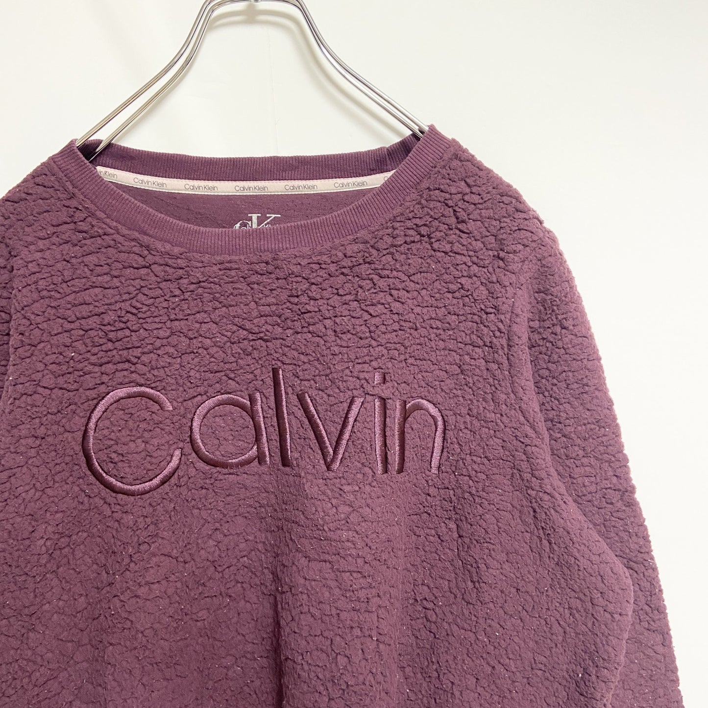古着 used　Calvin Klein カルバンクライン　長袖ボアトレーナー　フリース　ピンク　ビッグロゴ刺　Mサイズ