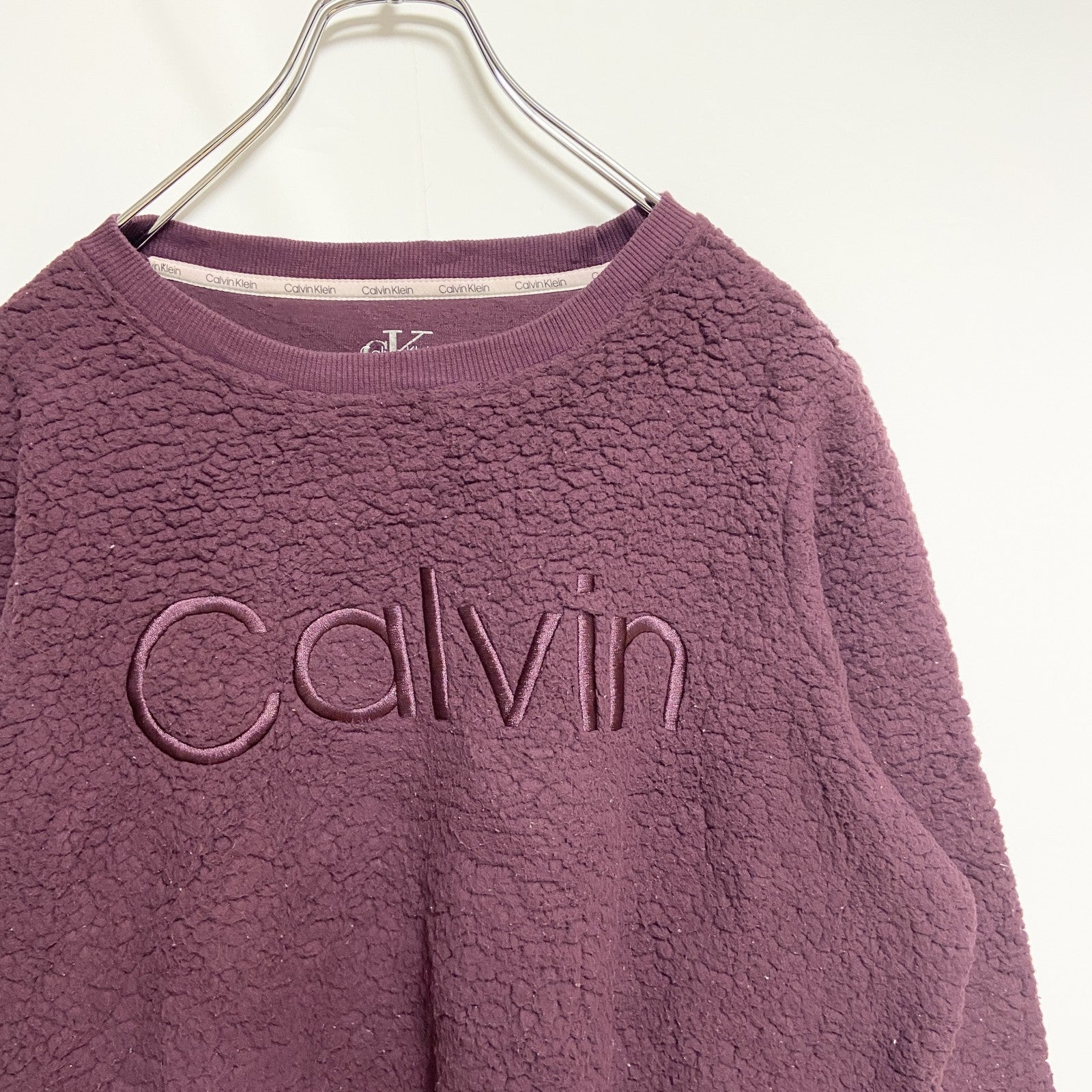 古着 used　Calvin Klein カルバンクライン　長袖ボアトレーナー　フリース　ピンク　ビッグロゴ刺　Mサイズ