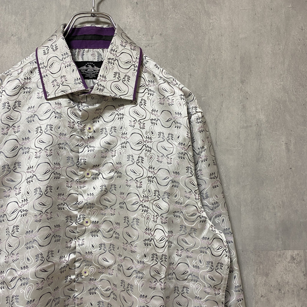 古着 used　長袖総柄ドレスシャツ　銀　シルバー　紫　パープル　光沢感　奇抜　個性的　レトロデザイン　Lサイズ
