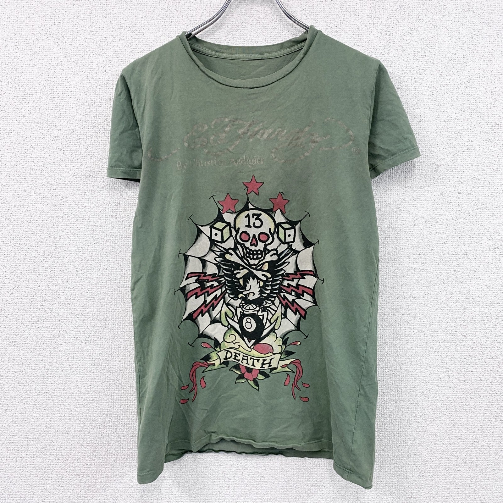 Ed Hardy　エドハーディー　半袖プリントTシャツ　アメトラ　タトゥー　緑　グリーン