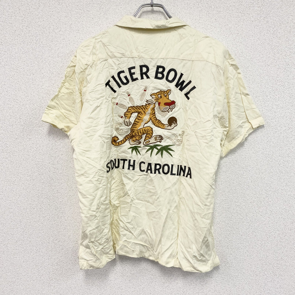 HOUSTON　ヒューストン　半袖ボーリングシャツ　半袖開襟レーヨンシャツ　刺繍ロゴ　アーチプリント　アニマル　アイボリー　Lサイズ