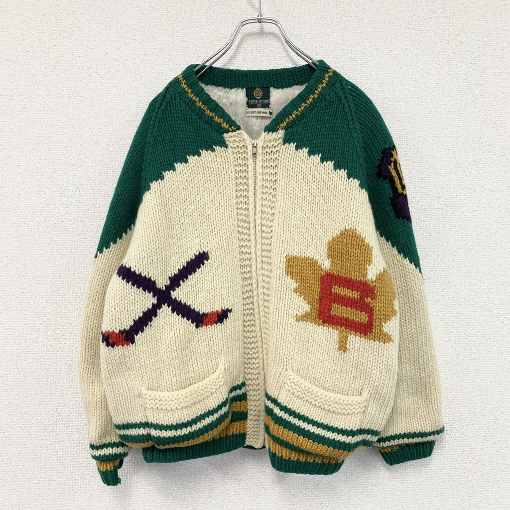 UNIVERSITY SHOP　カウチンニットセーター　フルジップ　裏ボア　マルチカラー　ベージュ　Mサイズ