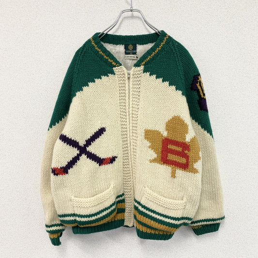 UNIVERSITY SHOP　カウチンニットセーター　フルジップ　裏ボア　マルチカラー　ベージュ　Mサイズ
