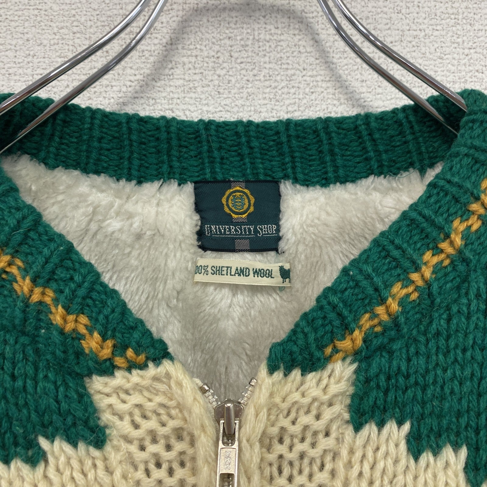 UNIVERSITY SHOP　カウチンニットセーター　フルジップ　裏ボア　マルチカラー　ベージュ　Mサイズ