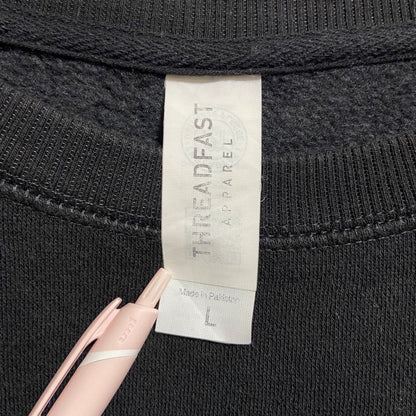 古着 used　THREADFAST　長袖ロゴプリントスウェット　トレーナー　クルーネック　黒　ブラック　レトロ　Lサイズ