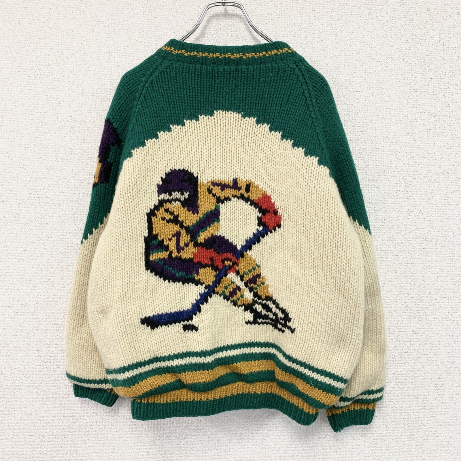 UNIVERSITY SHOP　カウチンニットセーター　フルジップ　裏ボア　マルチカラー　ベージュ　Mサイズ
