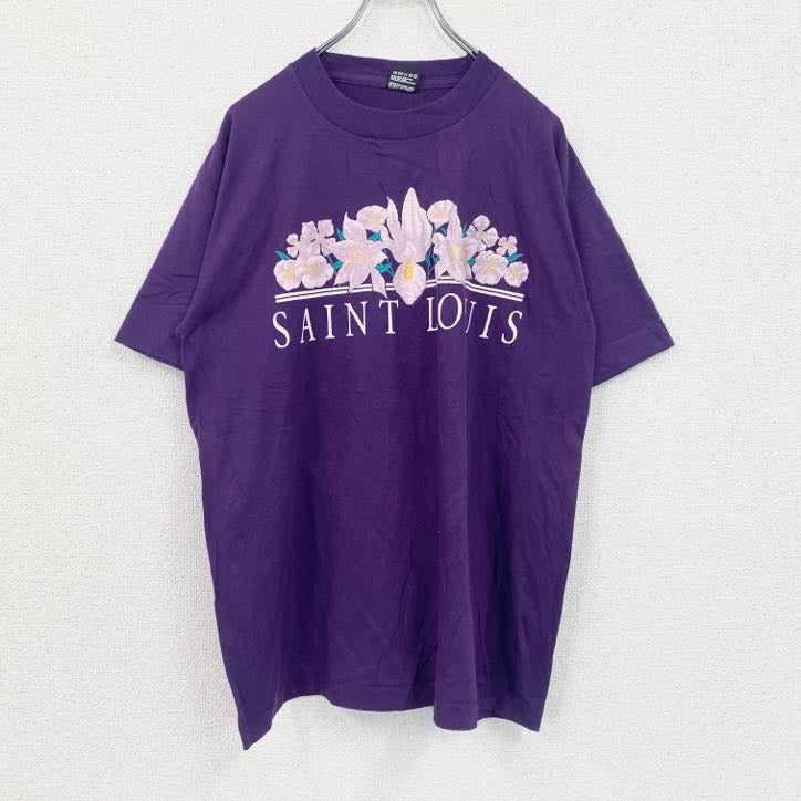 80s　FRUIT OF THE LOOM　半袖プリントTシャツ　シングルステッチ　ヴィンテージ　紫　パープル　Lサイズ
