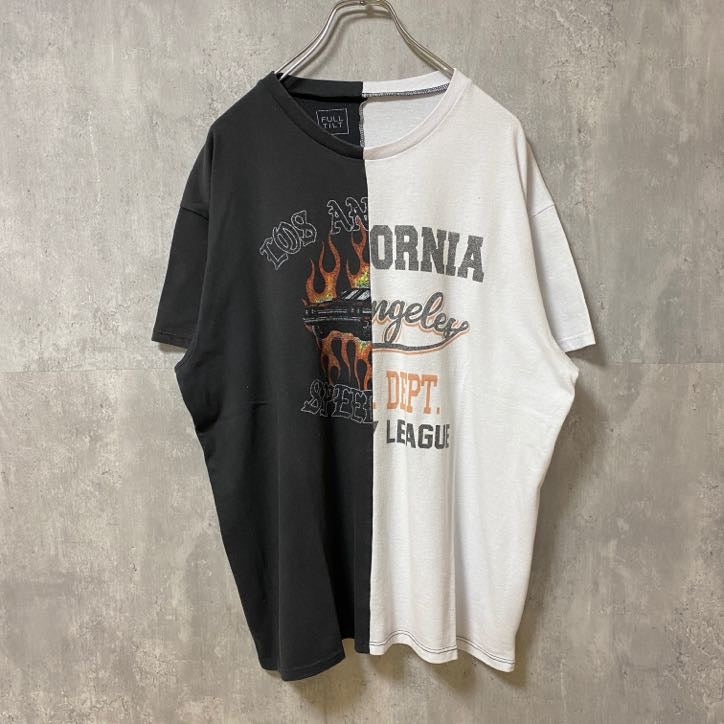 古着 used　FULL TILT　半袖ドッキングプリントTシャツ　ブラック　ホワイト　バイカラー　レトロデザイン　XLサイズ