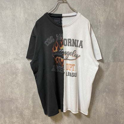 古着 used　FULL TILT　半袖ドッキングプリントTシャツ　ブラック　ホワイト　バイカラー　レトロデザイン　XLサイズ