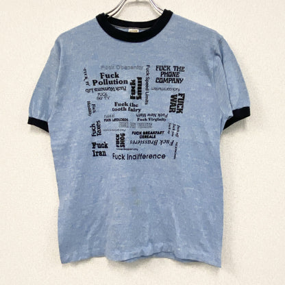 80s　sportswear　半袖プリントリンガーTシャツ　ヴィンテージ　シングルステッチ　ネイビー　Lサイズ