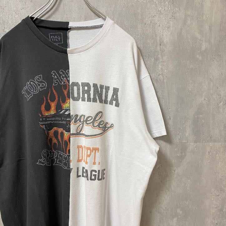 古着 used　FULL TILT　半袖ドッキングプリントTシャツ　ブラック　ホワイト　バイカラー　レトロデザイン　XLサイズ