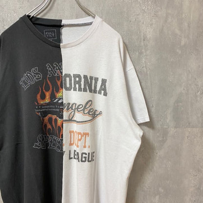 古着 used　FULL TILT　半袖ドッキングプリントTシャツ　ブラック　ホワイト　バイカラー　レトロデザイン　XLサイズ