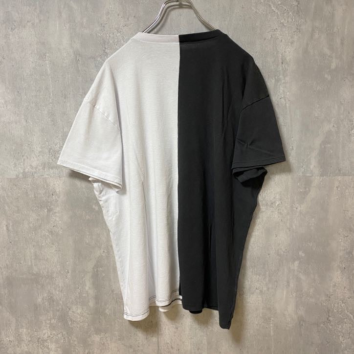 古着 used　FULL TILT　半袖ドッキングプリントTシャツ　ブラック　ホワイト　バイカラー　レトロデザイン　XLサイズ