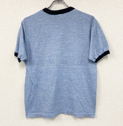 80s　sportswear　半袖プリントリンガーTシャツ　ヴィンテージ　シングルステッチ　ネイビー　Lサイズ