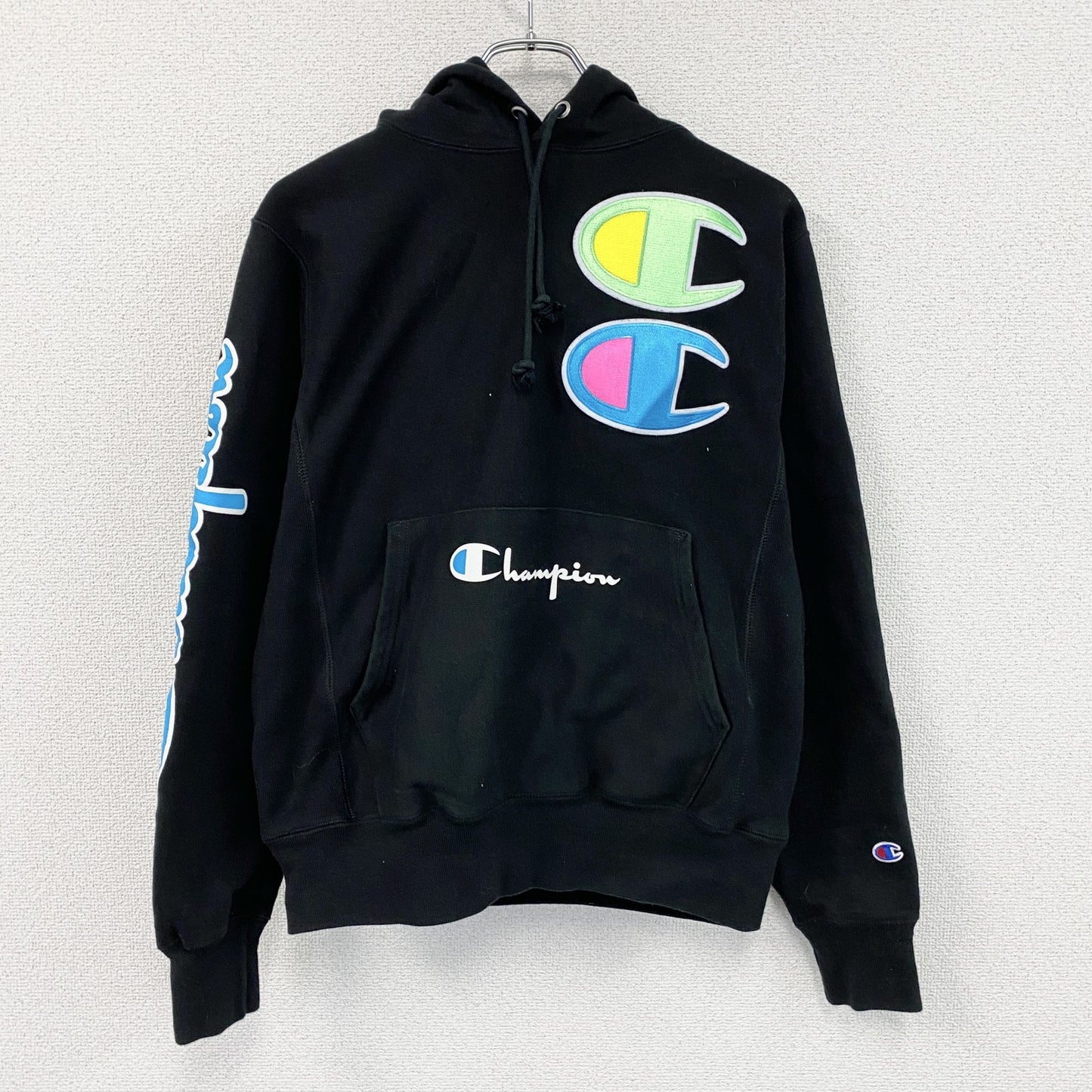 Champion　チャンピオン　リバースウィーブ　スウェットパーカー/フーディー　デカロゴ　黒　ブラック　Sサイズ