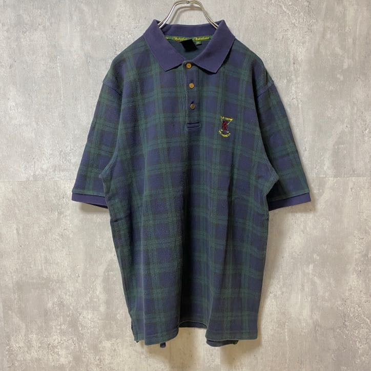 古着 used　St.Andrews　半袖チェック柄ポロシャツ　総柄　緑　レトロデザイン　ゴルフ　ワンポイント刺繍　XLサイズ