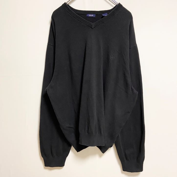 古着 used　IZOD アイゾッド　長袖Vネック薄手ニット　セーター　ワンポイント刺繍　黒　ビッグシルエット　2XLサイズ