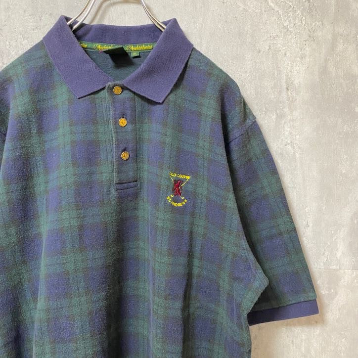 古着 used　St.Andrews　半袖チェック柄ポロシャツ　総柄　緑　レトロデザイン　ゴルフ　ワンポイント刺繍　XLサイズ