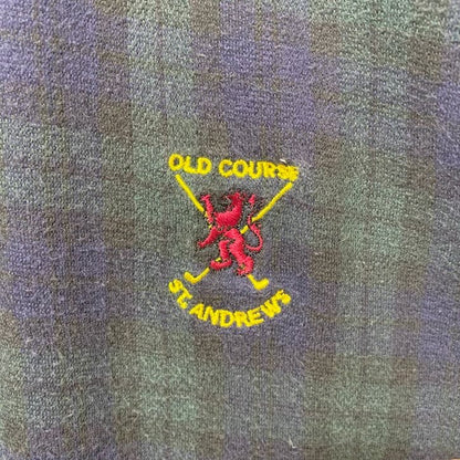 古着 used　St.Andrews　半袖チェック柄ポロシャツ　総柄　緑　レトロデザイン　ゴルフ　ワンポイント刺繍　XLサイズ