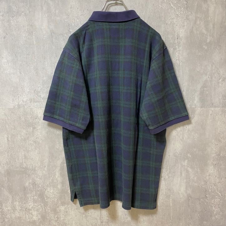 古着 used　St.Andrews　半袖チェック柄ポロシャツ　総柄　緑　レトロデザイン　ゴルフ　ワンポイント刺繍　XLサイズ
