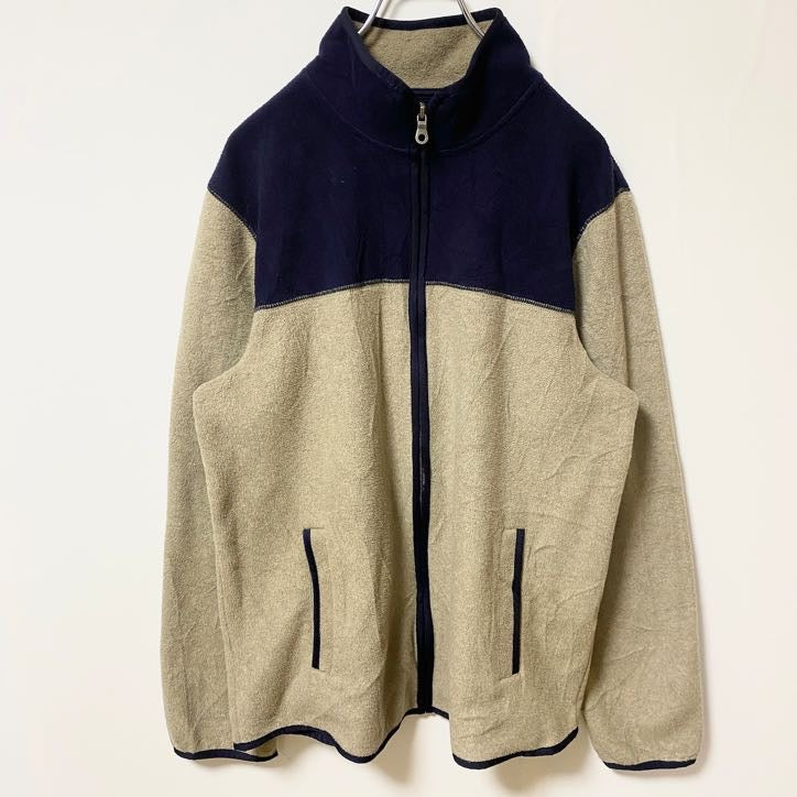古着 used　Croft&Barrow　長袖ハイネックフリースジャケット　バイカラー　ネイビー　ベージュ　レトロ　Mサイズ