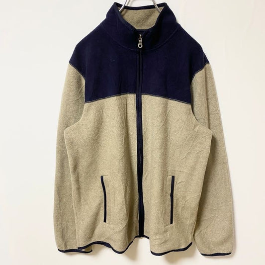古着 used　Croft&Barrow　長袖ハイネックフリースジャケット　バイカラー　ネイビー　ベージュ　レトロ　Mサイズ