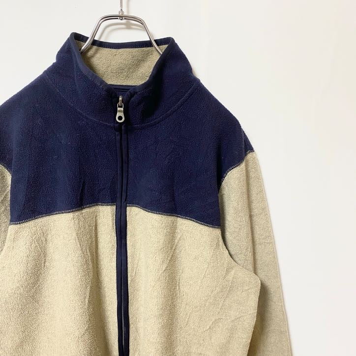 古着 used　Croft&Barrow　長袖ハイネックフリースジャケット　バイカラー　ネイビー　ベージュ　レトロ　Mサイズ