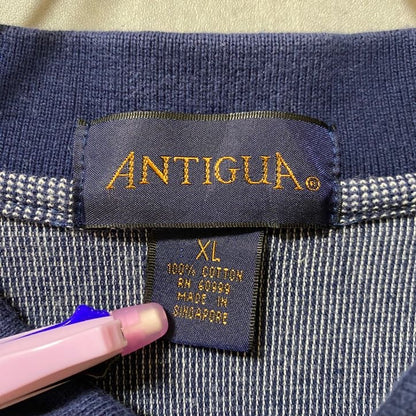 古着 used　ANTIGUA　Nugget　半袖ストライプ柄ポロシャツ　ネイビー　グレー　レトロデザイン　ワンポイント刺繍　