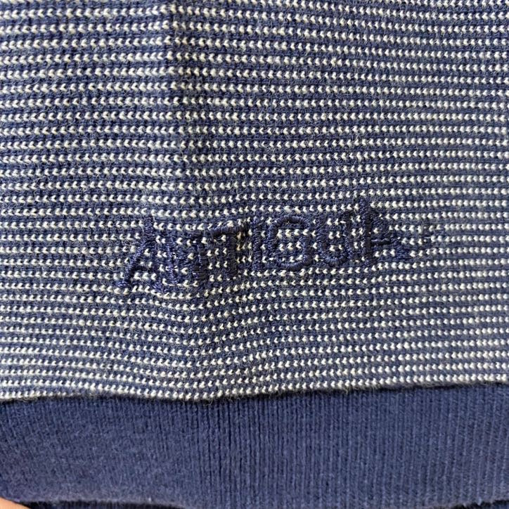 古着 used　ANTIGUA　Nugget　半袖ストライプ柄ポロシャツ　ネイビー　グレー　レトロデザイン　ワンポイント刺繍　