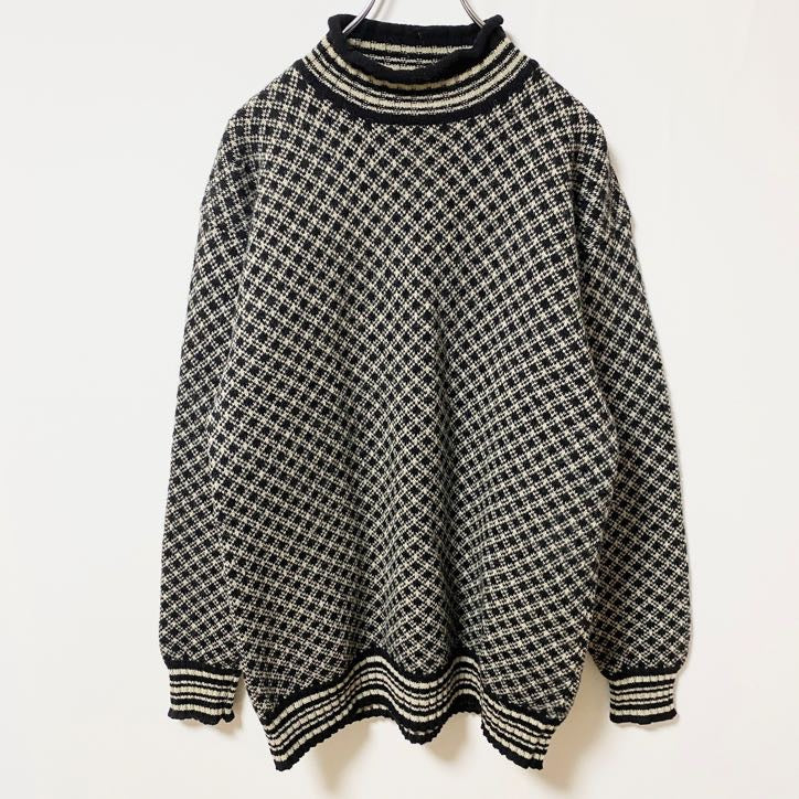 simons　ニットセーター　バーズアイ柄　ハイネック　リブライン　バイカラー　黒　ブラック　Mサイズ