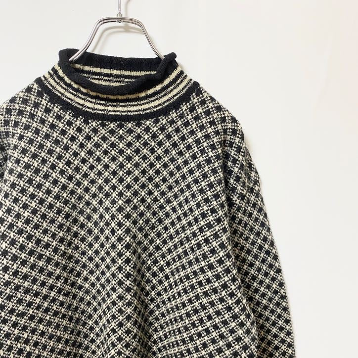 simons　ニットセーター　バーズアイ柄　ハイネック　リブライン　バイカラー　黒　ブラック　Mサイズ