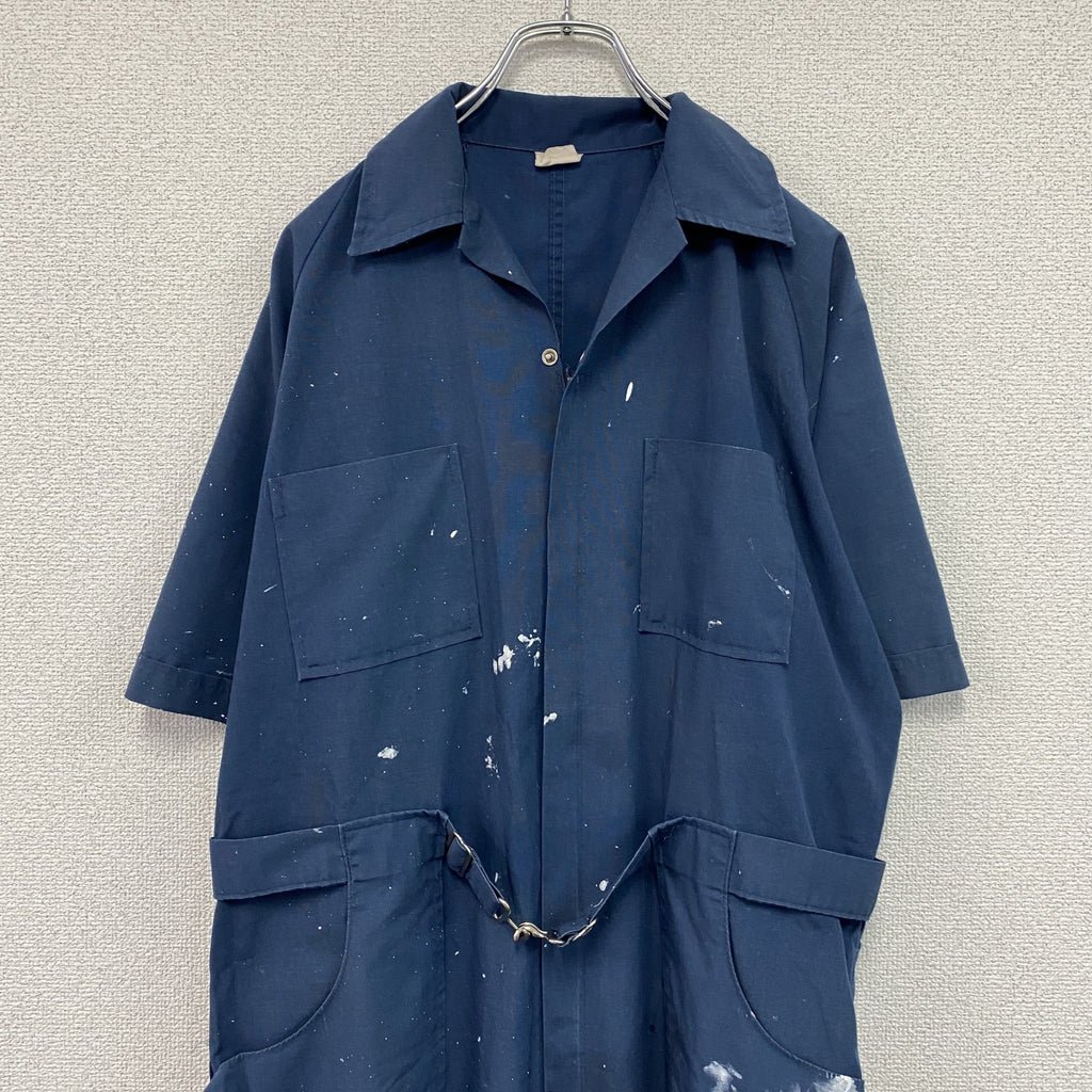 半袖メカニックスーツ　オールインワン/つなぎ　ワークウェア　ペンキ加工　紺　ネイビー