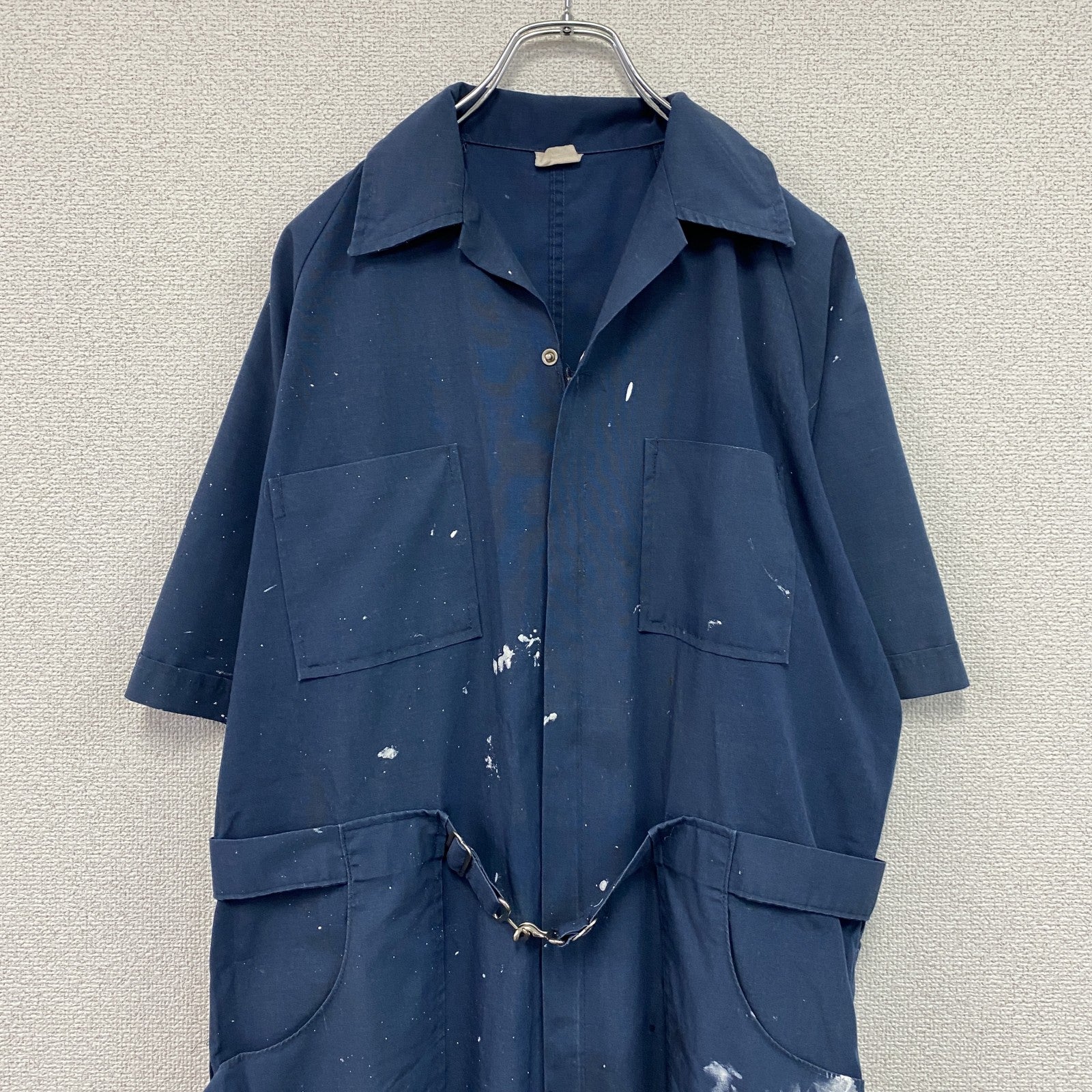 半袖メカニックスーツ　オールインワン/つなぎ　ワークウェア　ペンキ加工　紺　ネイビー