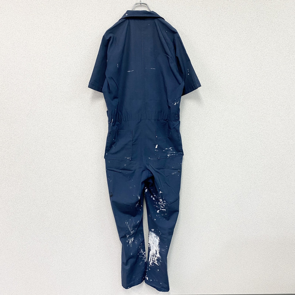 半袖メカニックスーツ　オールインワン/つなぎ　ワークウェア　ペンキ加工　紺　ネイビー