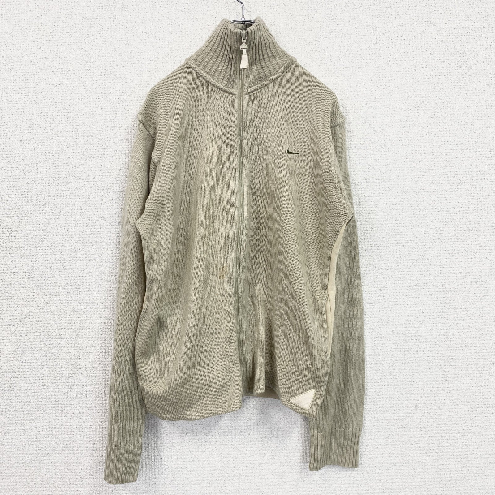 00s　NIKE　ナイキ　フルジップアクリルニットジャケット　ジャージ　切替デザインベージュ　Mサイズ
